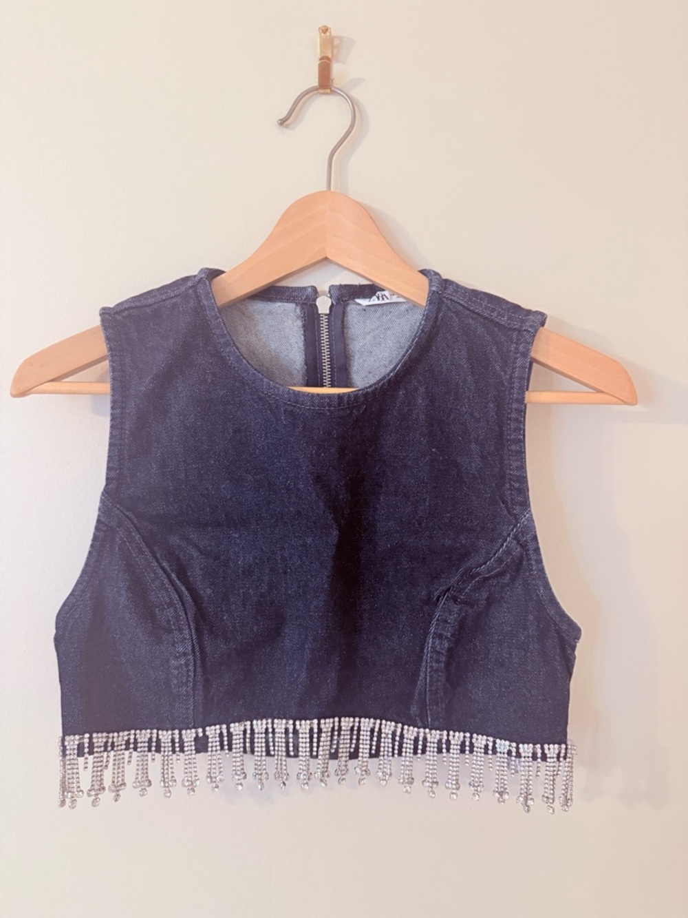 ZARA • Denim Crop Tank Top with Rhinestone Fringe - Navy